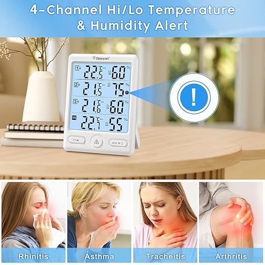 Geevon Indoor Outdoor Thermometer Wireless, 5-Inch Display Digital Hygrometer Thermometer Temperature Humidity Monitor with 3 Remote Sensors and Backlight, Battery-Powered(White)