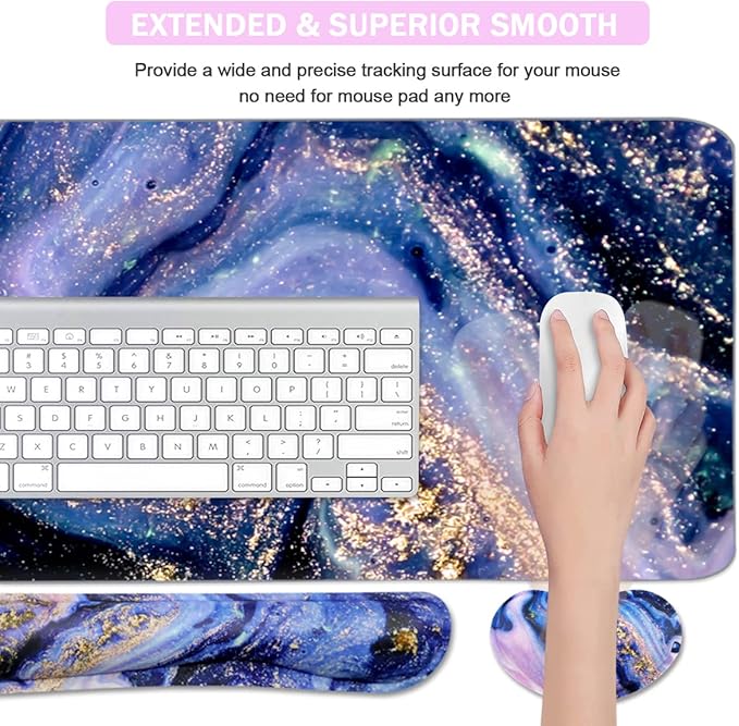 4-in-1 Large Gaming Mouse Pad and Keyboard Wrist Rest, Desk Pad for Keyboard and Mouse, Non-Slip Desk Mat for Home Office Study Game-Purple Marble