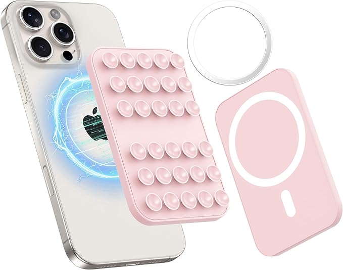 Patented Magnetic Sticky Phone Suction Grip Mount for MagSafe Case,Magnet Silicone Portable Stand Holder for iPhone 16/15/14/13/12 Series and Android, Hands-Free Selfies and Videos,Chalk Pink