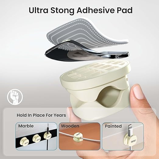 8 Pack Adhesive Cable Clips White Spring Loaded Cord Holders for Nightstand, Desk, Wall, Car, or Bedside Ideal Charging Cable Organizer for Home or Office Setup