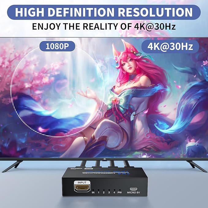 HDMI Splitter 1 in 4 Out 4K@30Hz, Powered 1x4 HDMI Video Splitter 4 Ports with Power Cord, Duplicate/Mirror Screen, Supports UltralHD 3D 1080P HDCP 1.4 for HDTV, STB, DVD, PS5/4/3, Projector, Etc
