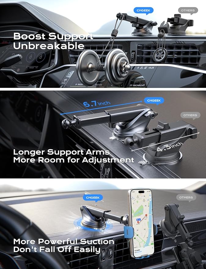 CHGeek Wireless Car Charger, 15W Fast Charging Auto Clamping Car Charger Phone Mount Phone Holder fit for iPhone 15 14 13 12 11 Pro Max Xs, Samsung Galaxy S25 Ultra S24 S23 S22, S21, S20, Blue