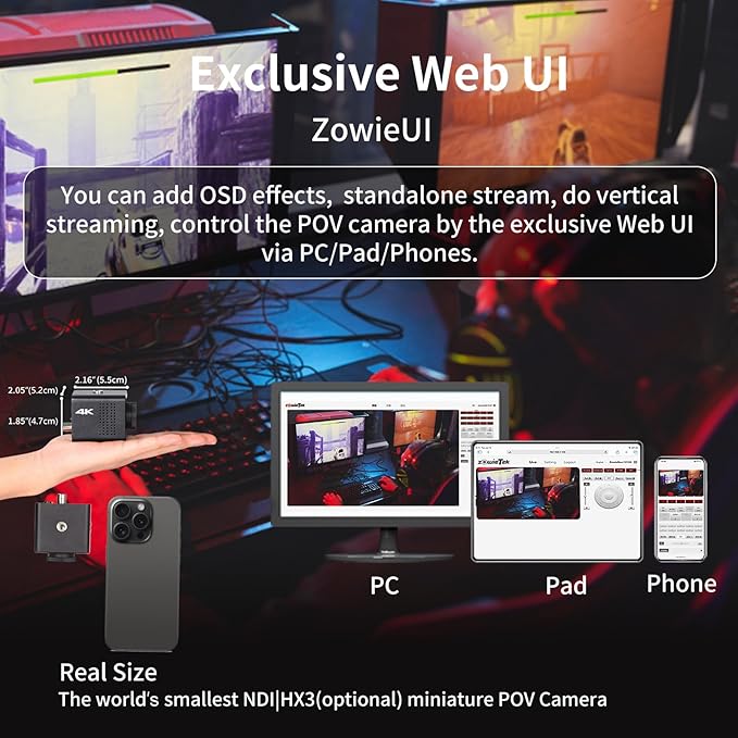4K Native NDI HX3 POV Webcam Camera PoE, ZowieCAM, Simultaneously HDMI & SDI Output, RTSP/RTMP(s)/SRT, Standalone Live Streaming to YouTube/Twitch for Webcast, Meeting, Teaching & Gaming (M12)