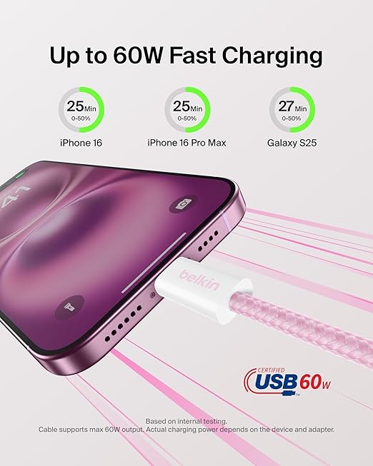 Belkin USB C to USB C Cable 2-Pack, 6.6ft, 60W - Type C Charger, iPhone Charger Cord, Soft, Braided, Flexible for iPhone 16, Galaxy S25, Pixel 9, Airpods, iPad Pro & More, Travel Essentials - Pink