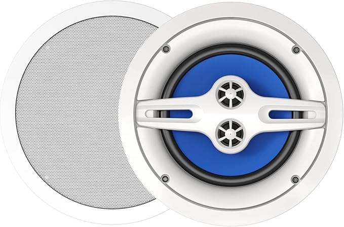 Audio 3-Way Premium in-Ceiling 8" Round Speaker, Dual 1-inch Silk Dome Tweeters, 9.5 Inch Cutout Diameter, Each, White