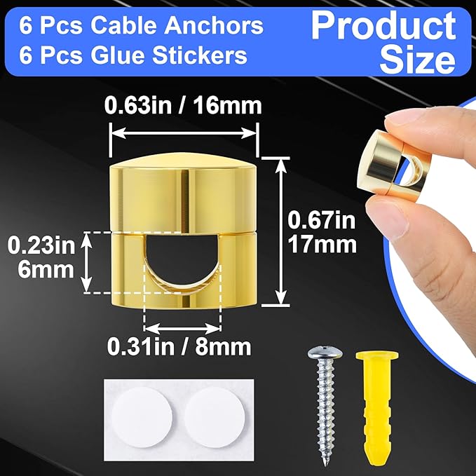 6 Sets Charger Holders for Cords, Gold Adjustable Cable Anchor Holders, Adhesive Metal Cord Clips, Cable Management Wire Organizers for Desk, Office, Nightstand