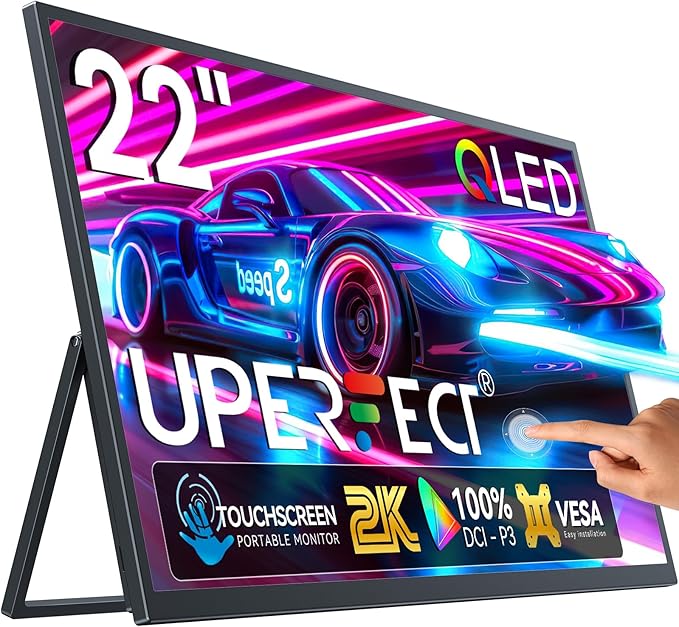 UPERFECT 22" 2K QLED Portable Touchscreen Monitor w/VESA & 180° Adjustable Stand, 2560×1440 QHD FreeSync HDR, 100% DCI-P3 Color, USB-C HDMI Travel Second Monitor for Laptop, Switch, Phone