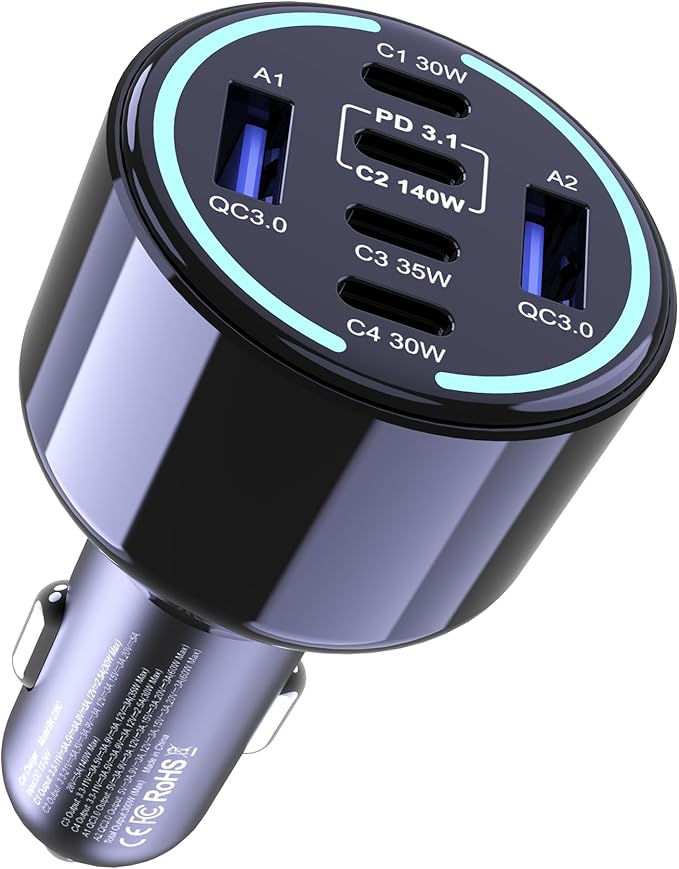 CHIPOFY 300W USB C Car Charger, 6 Ports (4 USB C + 2 USB A) - PD3.1 140W PPS 45W QC 60W Super Fast Charging Car Adapter for MacBook Laptop, iPhone 16 15 Pro Max, iPad, Galaxy S25/S24 Ultra etc