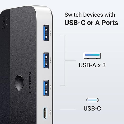 UGREEN USB 3.0 Switch 2 Computers Sharing USB C & A Devices, 4 Port USB Switcher Sharing Keyboard and Mouse, Printer/Scanner USB Switch Hub for Two Computers with 2 USB3.0 Cables and Remote