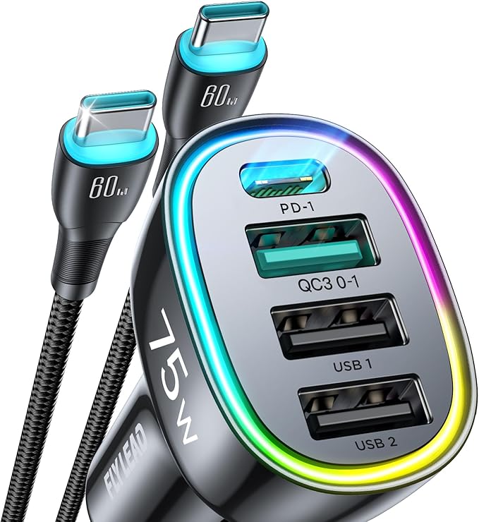 75W Car Charger USB C Cigarette Lighter Adapter 4-Port Fast Car Charger with 3.3ft 60W USB C Cable Fast Charging