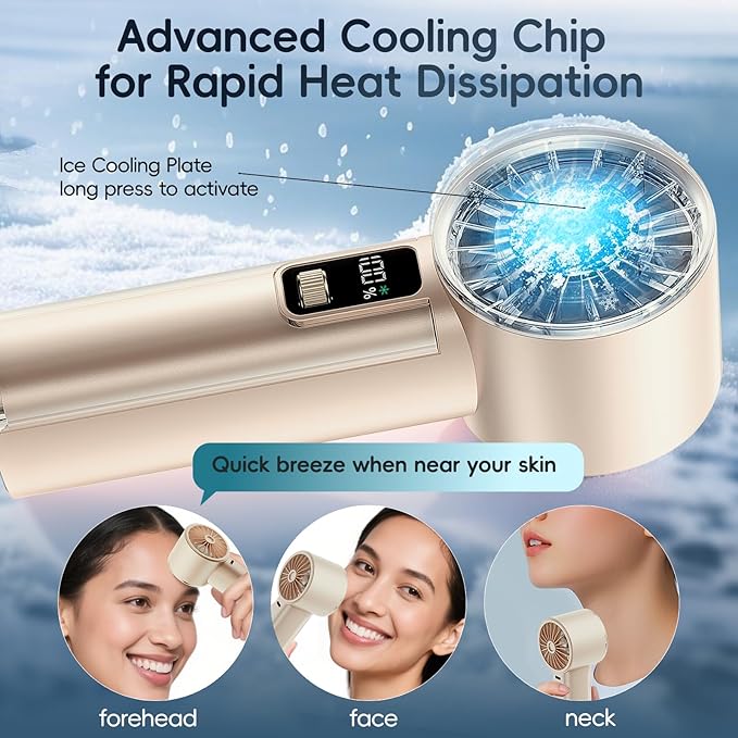 PANERGY High Speed Handheld Fan with Ice Cooler,1-100 Speed Adjustable Mini Turbo Fan, 4000mAh Battery Rechargeable & Digital Display,Gifts for Women Men Travel/Office/Beach/Camping(Beige)