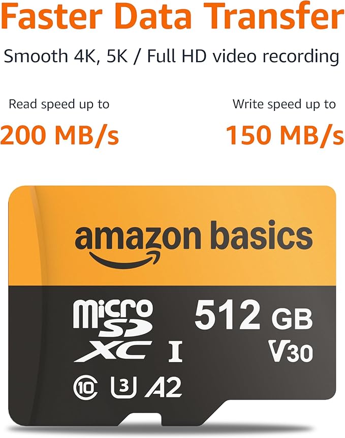 Amazon Basics 512GB microSDXC Card with Adapter, Read Speed Up to 200MB/s, 1-Pack