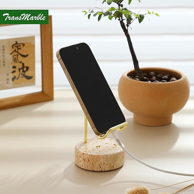 Marble Phone Stand with Metal Holder, Charging Available While Using, Swipe Up to Unlock, Made of Natural Marble as Business Card Holder for Office Desk (Travertine Beige + Gold)