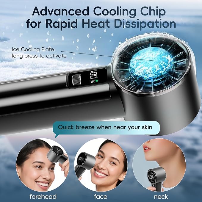 PANERGY High Speed Handheld Fan with Ice Cooler,1-100 Speed Adjustable Mini Turbo Fan, 4000mAh Battery Rechargeable & Digital Display,Gifts for Women Men Travel/Office/Beach/Camping(Black)