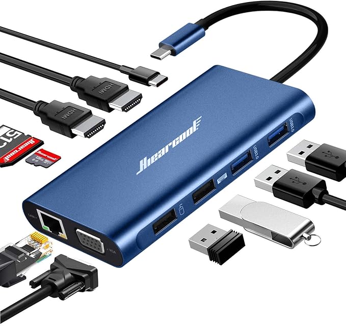 Hiearcool USB C Docking Station Dual Monitor, 11 in 1 Triple Display USB C Laptop Docking Station with 2 HDMI VGA, Type C Dongle Dock Compatible for Thunderbolt 3 4 Laptops
