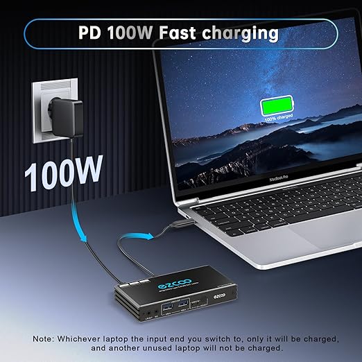 4K@120Hz USB-C HDMI2.1 KVM Switch for 2 Laptops with 2 USB 2.0 Ports L/R MIC Out Share 1 Monitors Keyboard Mouse Hard Drive Printer
