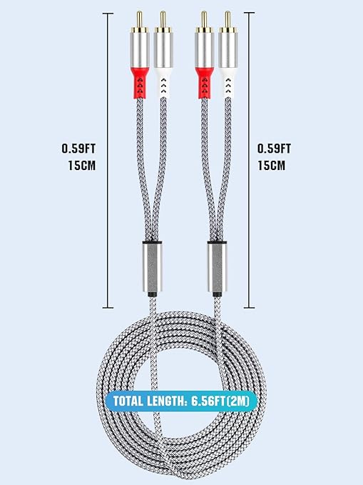 2RCA to 2RCA Cable 2 RCA Male Hi-Fi Systems Audio Stereo Subwoofer Cable Nylon-Braided Auxiliary Audio Cord for Home Theater HDTV Amplifiers Hi-Fi Systems Speakers and etc 6.6Ft Silver