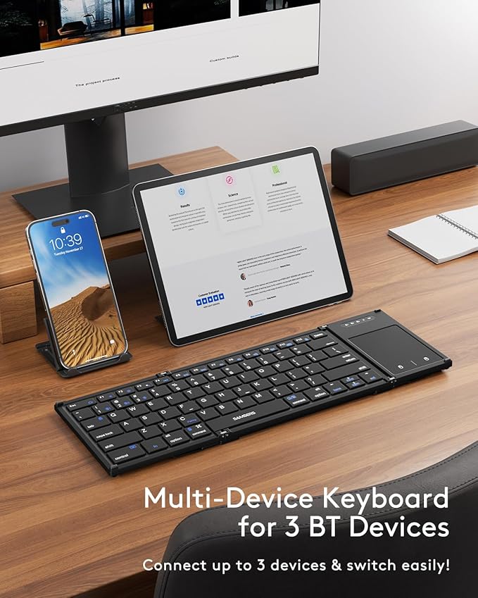 Samsers Foldable Bluetooth Keyboard with Touchpad, Full-Size Wireless Folding Keyboards with Holder, Rechargeable Portable Travel for iOS Windows Android Mac OS, Support 3 Devices (BT5.1 x 3)
