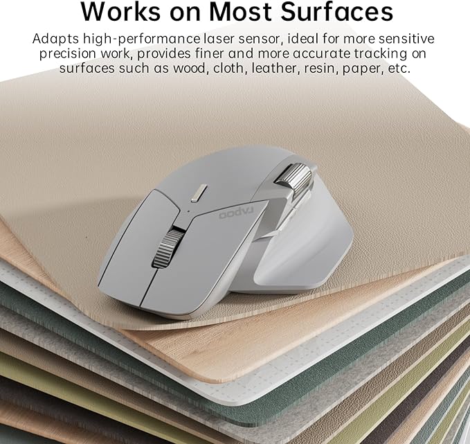 Rapoo MT760Mini Bluetooth Wireless Mouse - Bluetooth 5.0 and 2.4GHz Multi-Mode Connection, Support 4 Devices, M+ Cross Computer Technology, 11 Programmable Buttons,Light Grey