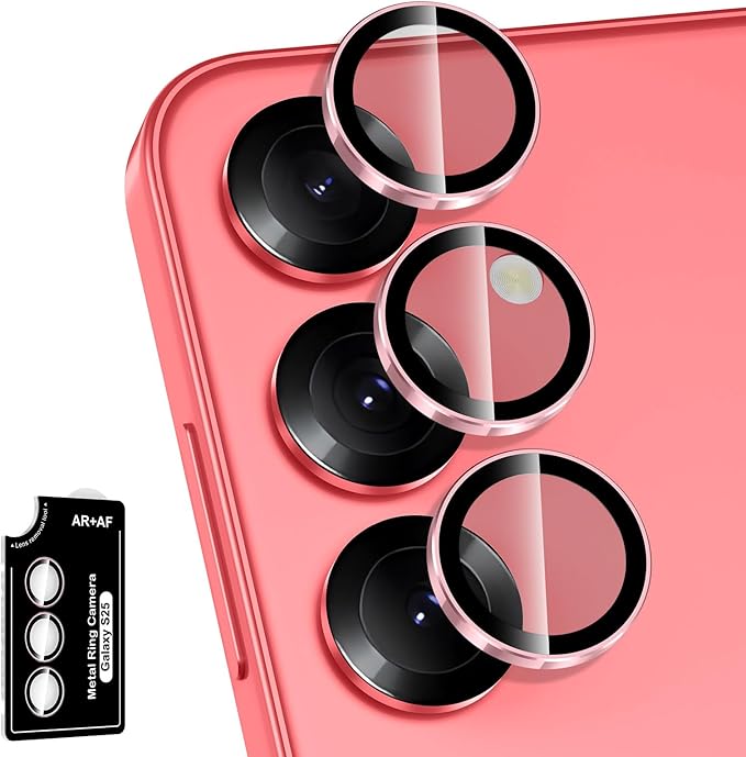for Samsung Galaxy S25 Camera Lens Protector, Individual Metal Ring Tempered Glass Lens Cover, [Strong Adsorption] Scratch Resistant Ultra-Thin HD Clear Lens Cover, 1 Set-Pink Ring