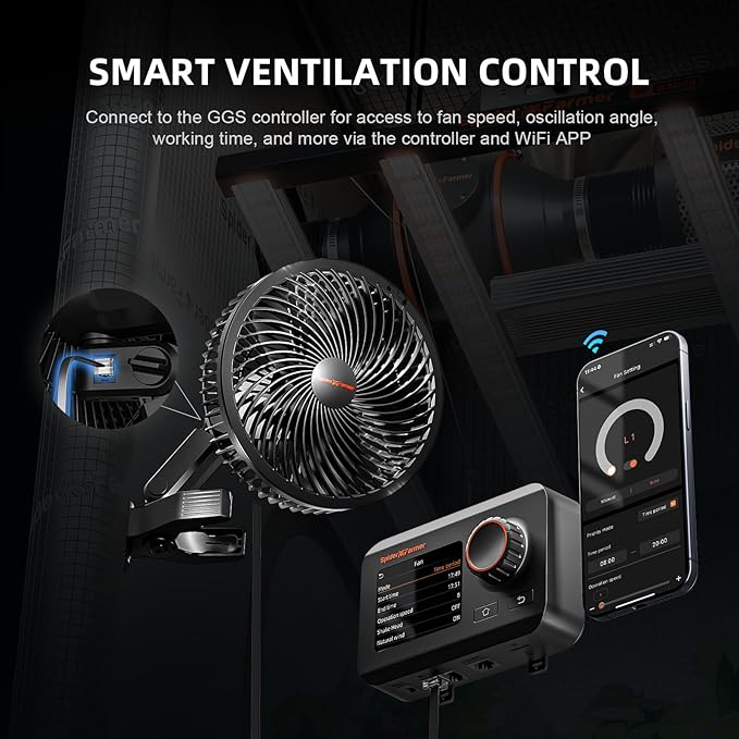 Spider Farmer New Grow Tent Clip Fan 6", EC Motor, Custom 10 Dynamic Wind Speeds and 10-Level Oscillation, Weatherproof IP-54, Powerful Airflow but Quiet for Hydroponics Circulation Cooling
