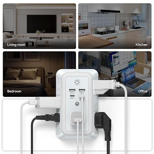 Multi Plug Outlet, USB Wall Charger, Surge Protector, 7 Outlet Extender with 4 USB Charging Ports (2 USB C) 1680J Power Strips Outlets with Night Light, Wall Plug Adapter Spaced for Home Travel Office