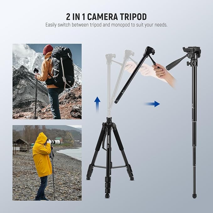 NEEWER Basic 74" Video Tripod Monopod, 3 Way Pan Tilt Head, Remote, Overhead Camera Mount, Horizontal Central Axis, Phone Holder Compatible with iPhone DSLR Telescope Projector, Max Load 17.6lb, TP05