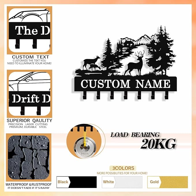 Personalized Deer Key Holder Wall Mount, Custom Metal Key Rack Key Holder with Name, Deer Cabin Wall Keys Hanger with Hooks for Entryway, Front Door, Hallway, Kitchen, Living Room