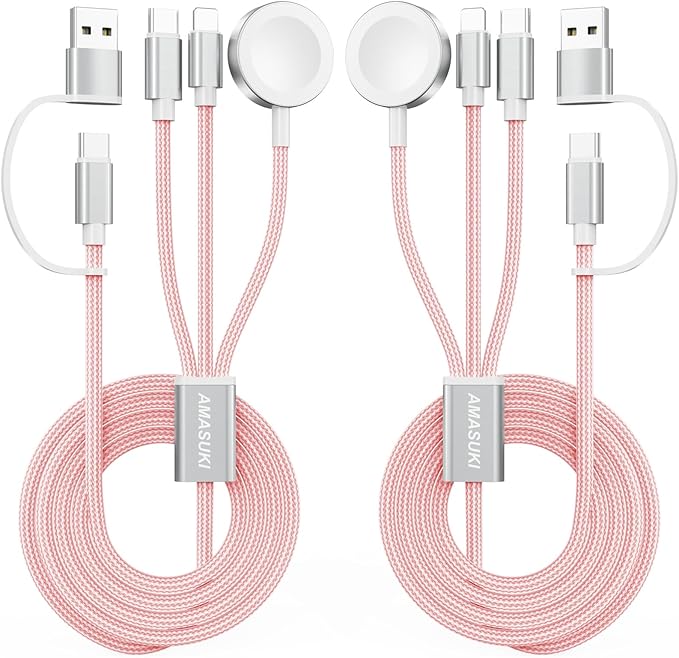 2Pack Pink-Travel Essentials 3 in 2 USB C Cable for Watch Charger Phone Charger USB C Multi Fast Charging Cable Compatible with Watch Ultra/SE/10/9/8/7/6/5/4/3/2/1 & Phone 16/15/14/Galaxy S23-4FT
