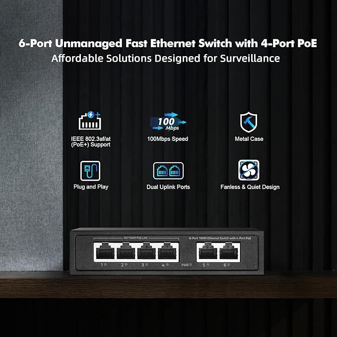 6 Port Mini PoE Switch with 4 PoE+, 2 Uplink, 10/100Mbps Ethernet, 65W 802.3af/at PoE, Fanless Metal Plug & Play PoE+ YuLinca Network Switch