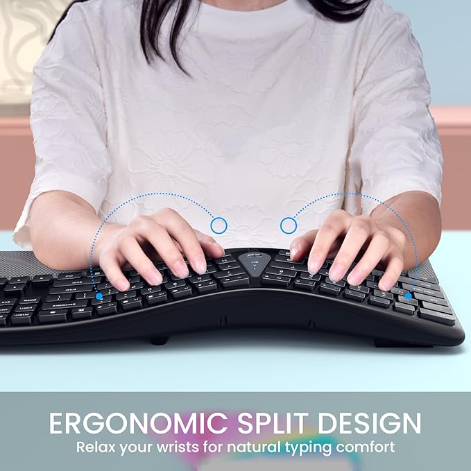 Wireless Ergonomic Keyboard, Split Keyboard with Wrist Rest and Cleaning Brush, 2.4G Computer Keyboard, Comfortable and Natural for Windows PC Laptops