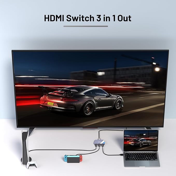 NEWCARE HDMI Switch 3 in 1 Out, 4K@60Hz HDMI 2.0 Switch with 2.6FT HDMI Cable, 3-Port HDMI Switcher Selector, Supports 4K 30Hz 3D 1080P HDCP2.2 for PS5 Xbox DVD Player Fire Stick PC, Grey