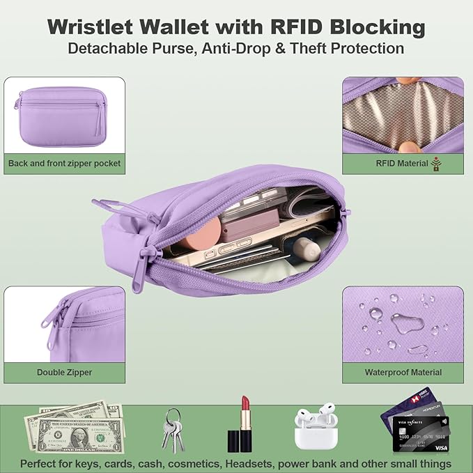 Clip and Go Strap for Phone with Wallet Crossbody, Adjustable Phone Lanyard with Detachable RFID Wristlet Wallet, Pattern Strap, Purple (M)