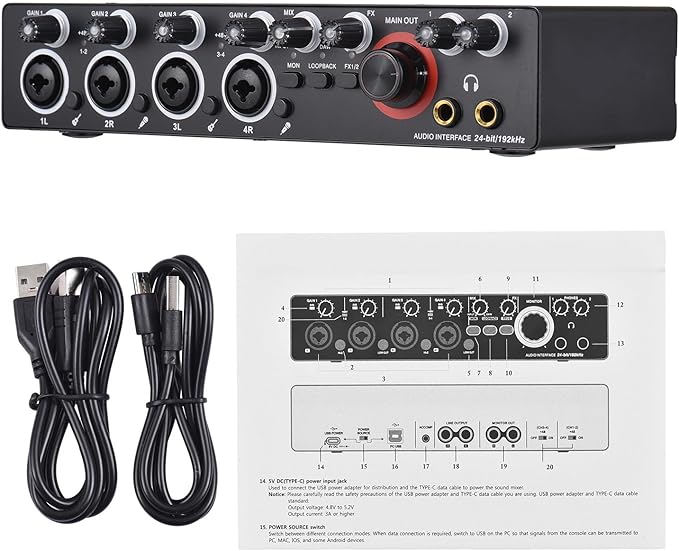 4 Channels Sound Card Computer Audio Interface, 4-in 4-out for Professional Recording of Live Streaming Karaoke, Driver Free USB Audio Interface
