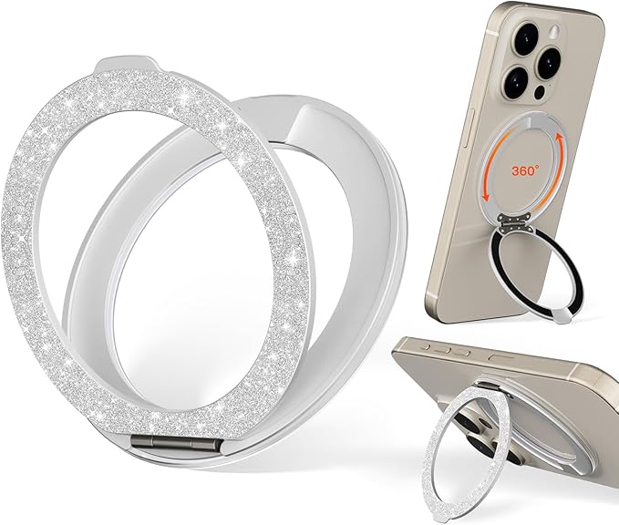 COOLQO Upgraded Magnetic Phone Ring Holder Stand, Super Magnet Cell Phone Grip Finger Kickstand Compatible with MagSafe Mag Safe Accessory for iPhone All Smartphones (1-Glitter Silver)