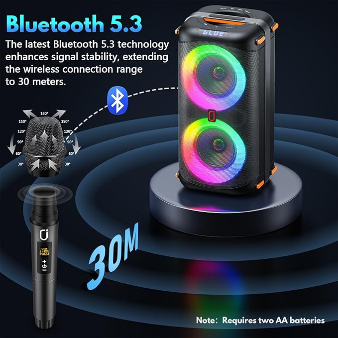 Karaoke Machine with 2 Wireless Microphones, Portable Bluetooth 5.3 Karaoke Speaker for Home Party Outdoors, PA System for Adults with Echo Adjustment/LED Lights, Support TV/USB/AUX/TF