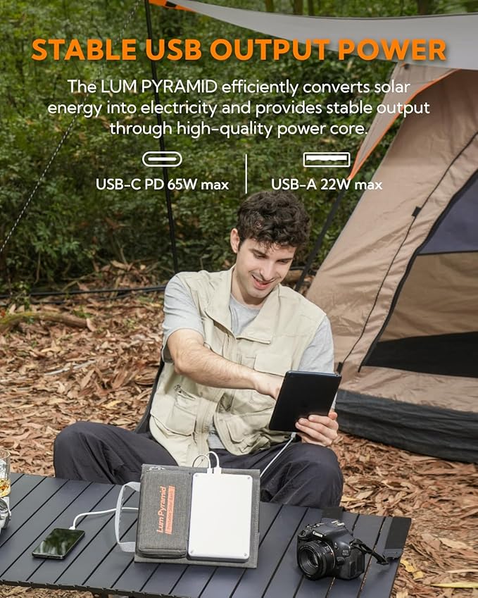 Lumopal Portable Solar Charger 99.9 Wh Battery Bank Equipped with 24W Foldable Solar Panels and 600 Lumen Adjustable LED Camping Light, 65W PD USB-C, 22W QC3.0 USB A Output for Outdoor