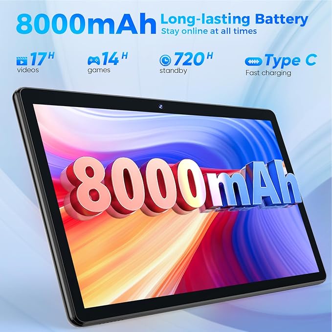 Android Tablet with Keyboard, 26GB RAM, 256GB ROM(1TB Expand), 10.1 inch Android 14 Tablet, 8000mAh Battery, BT 5.0, GMS Certified, 2.4G&5G WiFi, 2 in 1 Tablets with Mouse, Case, Stylus(Black)