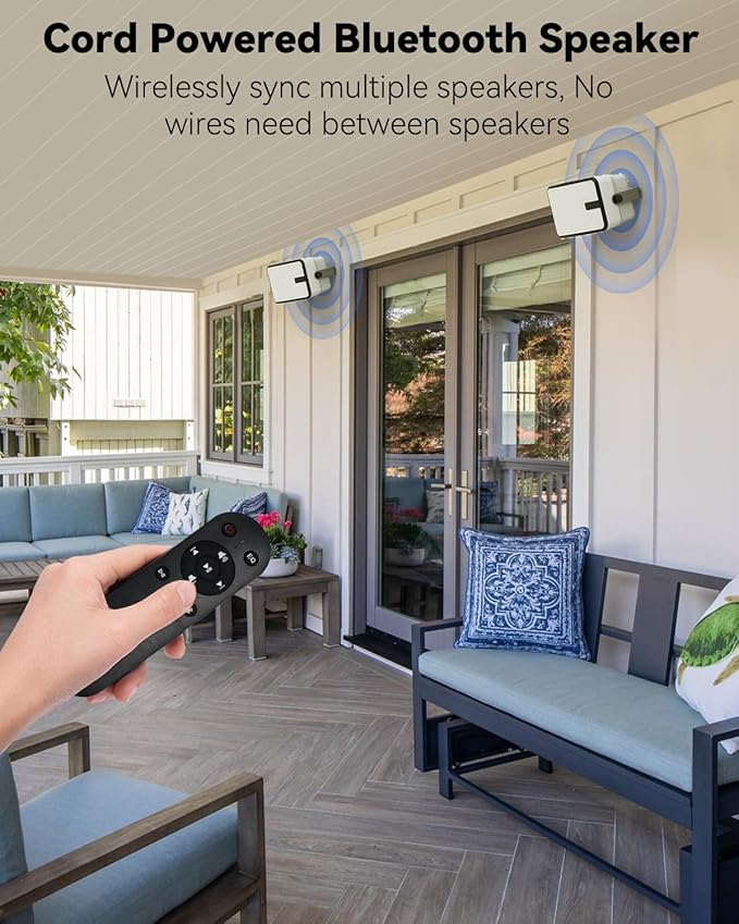 400W Outdoor Bluetooth Speakers, Wireless Sync Between Speakers, IPX5 Waterproof, Powerful Bass, Wall Mount for Patio, Porch, Gazebo, Garage, 2-Pack, White(MZ-621)