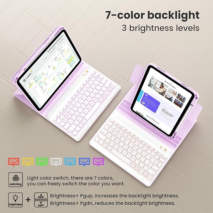 Magnetic Keyboard Case for iPad Air 5th 4th Generation 10.9 inch Pro 11 1st/2nd/3rd/4th, 7 Color Backlight BT Keyboard Folio with Pencil Holder 2022 2021 2020 2018(Purple)