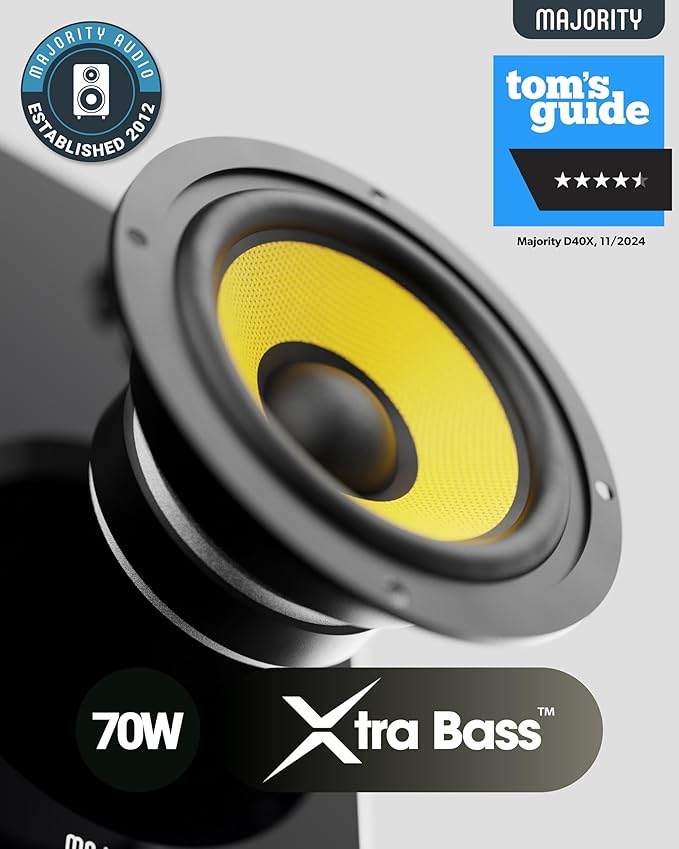 Majority Powered Bluetooth Bookshelf Speakers | Studio Monitors Speaker Set | 2.0 Home Studio Lecturers for PC & Turntables | Bluetooth Powered with RCA, Optical, USB & AUX Playback D40X