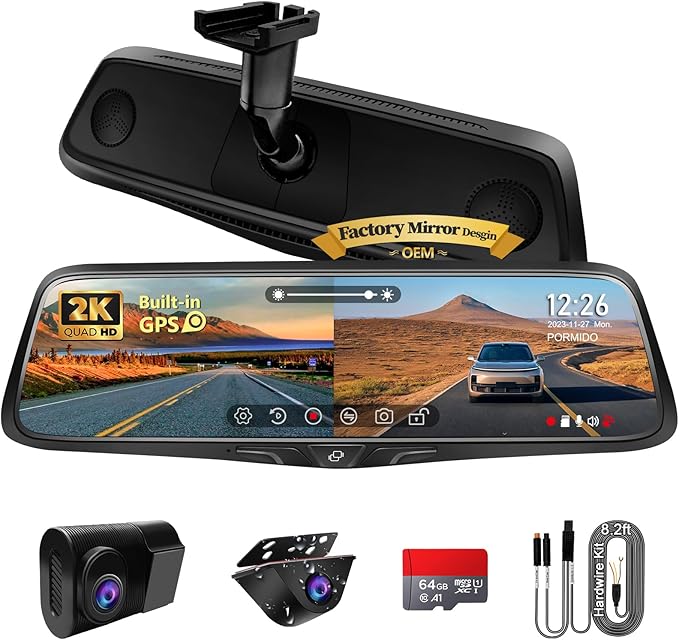 PORMIDO OEM 2K Rear View Mirror Camera,10" Mirror Dash Cam with Detached Front Backup Camera, Smart Full Touchscreen Rearview WDR Dashcam with Built-in GPS,64GB Card,Parking Monitor,Night Vision