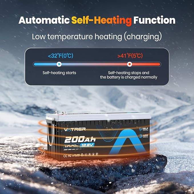 12V 200AH Bluetooth LiFePO4 Lithium Battery with Self-Heating, Built-in 200A BMS, Supports Low Temp Charging(-4°F), 5000+ Cycles, Perfect for RV/Camper, Solar, and Off-Grid Applications, etc.