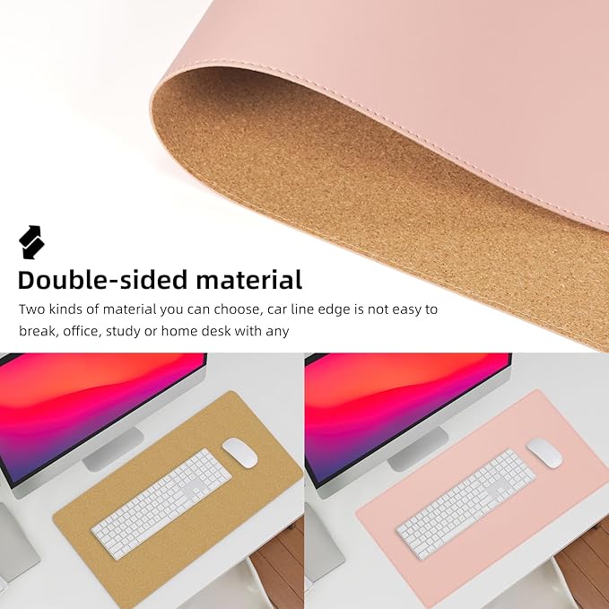 AFIING Dual-Sided Desk Pad, Natural Cork & PU Leather Large Mouse mats for Office and Home Work, Desk Protector Non-Slip, Waterproof, Easy Clean (Pink, 23.6" x 13.7")