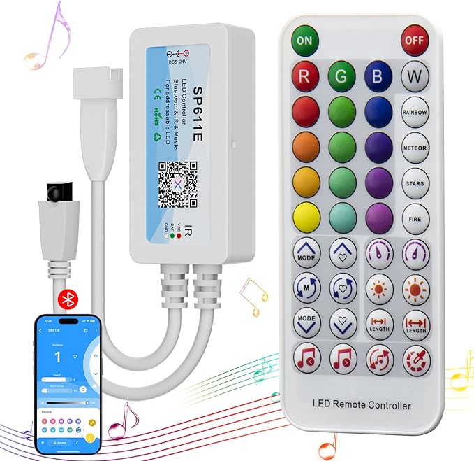 PAUTIX Bluetooth Music Pixel LED Smart Controller SP611E,for WS2811 WS2812 SM16703 Addressable Dream Color LED Strip Pixels Light DC5V-24V APP/IR Remote Control(NOT for RGB LED Strip without Smart IC)