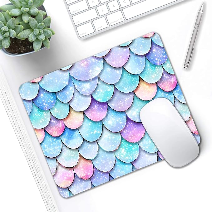 Mouse Pad, Cute Glitter Mermaid Scale Mouse Pads for Desk, 9.5" x 7.9" Non-Slip Rubber Base Computer Mousepad with Women, Portable Square Design for Wireless Mouse and Pad Laptop Office & Travel
