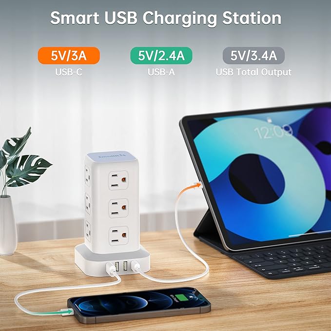 Tower Surge Protector Power Strip with 12 Outlets 4 USB (1 USB C), 6.5Feet Extension Cord with Multiple Outlets, Charging Station, Power Strip Tower, Office Desk Supplies
