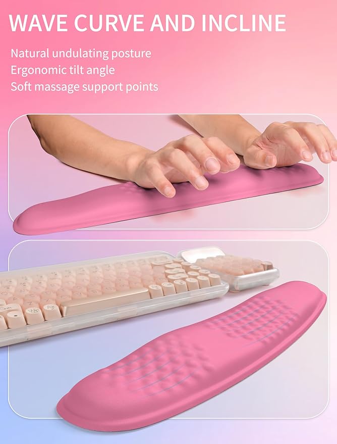 Hokafenle 2in1 Combination, Wave Keyboard Wrist Rest and Ergonomic Curvature Mouse Pad Wrist Support for Relieve Wrist Pain, Filled with Soft Cushion Memory Foam, Tough Guy Pink