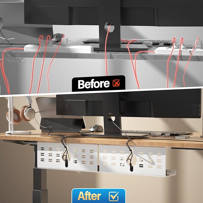 2 Pack Cable Management Under Desk White, Cinati 32" Large Cable Management Tray, Under Desk Alloy Steel Wire Organizers, Cord Hider Tray for Office and Home - Tape or Screw Installation