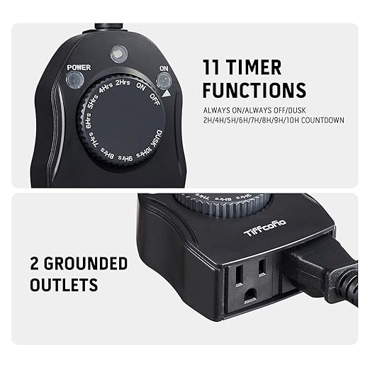TiFFCOFiO Outdoor Timer Outlet, Dusk to Dawn Light Sensor Timer Weatherproof, 2 Grounded Outlets for Halloween and Christmas Lights, 15A 1/2HP, ETL Listed